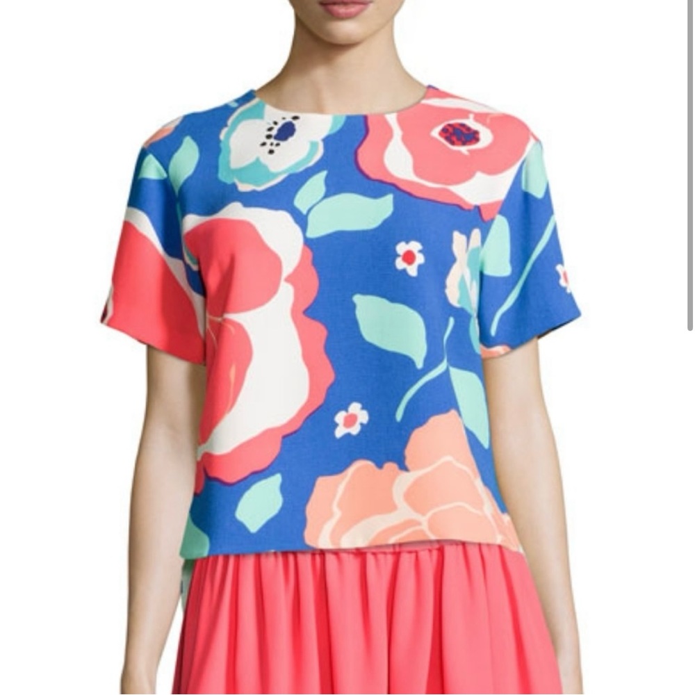 kate spade Blue Floral Short Sleeve Blouse with Coral and Mint Accents